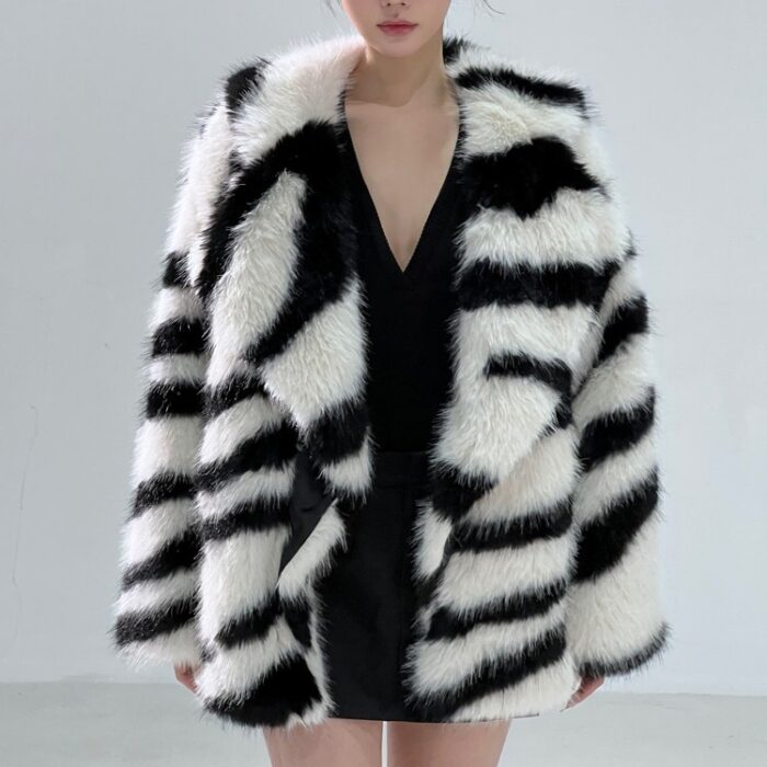 Women Zebra Print Short Green Fur jacket