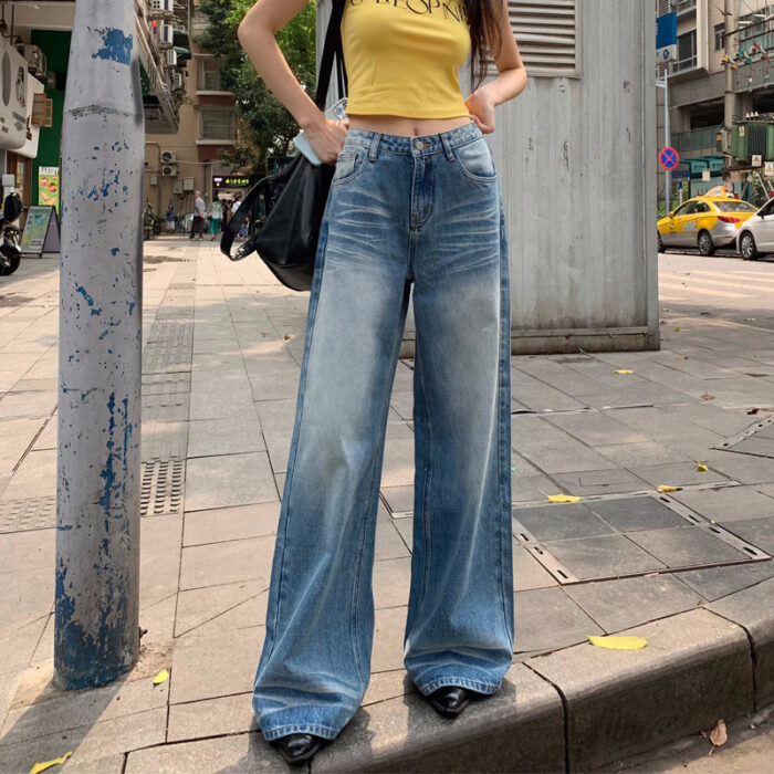 Femme Retro Washed High Waist Wide Leg Jeans for women